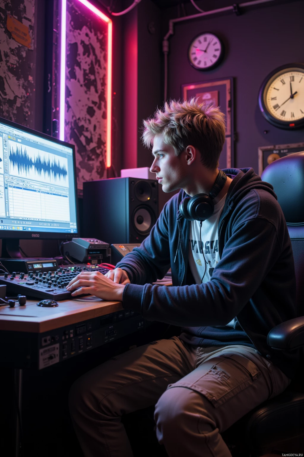 Realistic high quality photo. Male, 24, slender, tousled blonde hair, green eyes, fair skin, charcoal‑gray hoodie over faded graphic tee, large matte‑black studio headphones draped around neck, cargo joggers, slightly hunched, lost in thought, late‑night studio walls tangled in cables and broken LED strips, old analog synth humming, analog clock stopped, he sits at a mixing console chasing a misaligned waveform on a monitor while recording silence on a digital recorder, surrounded by dusty audio gear and flickering monitors, realistic modern atmosphere.