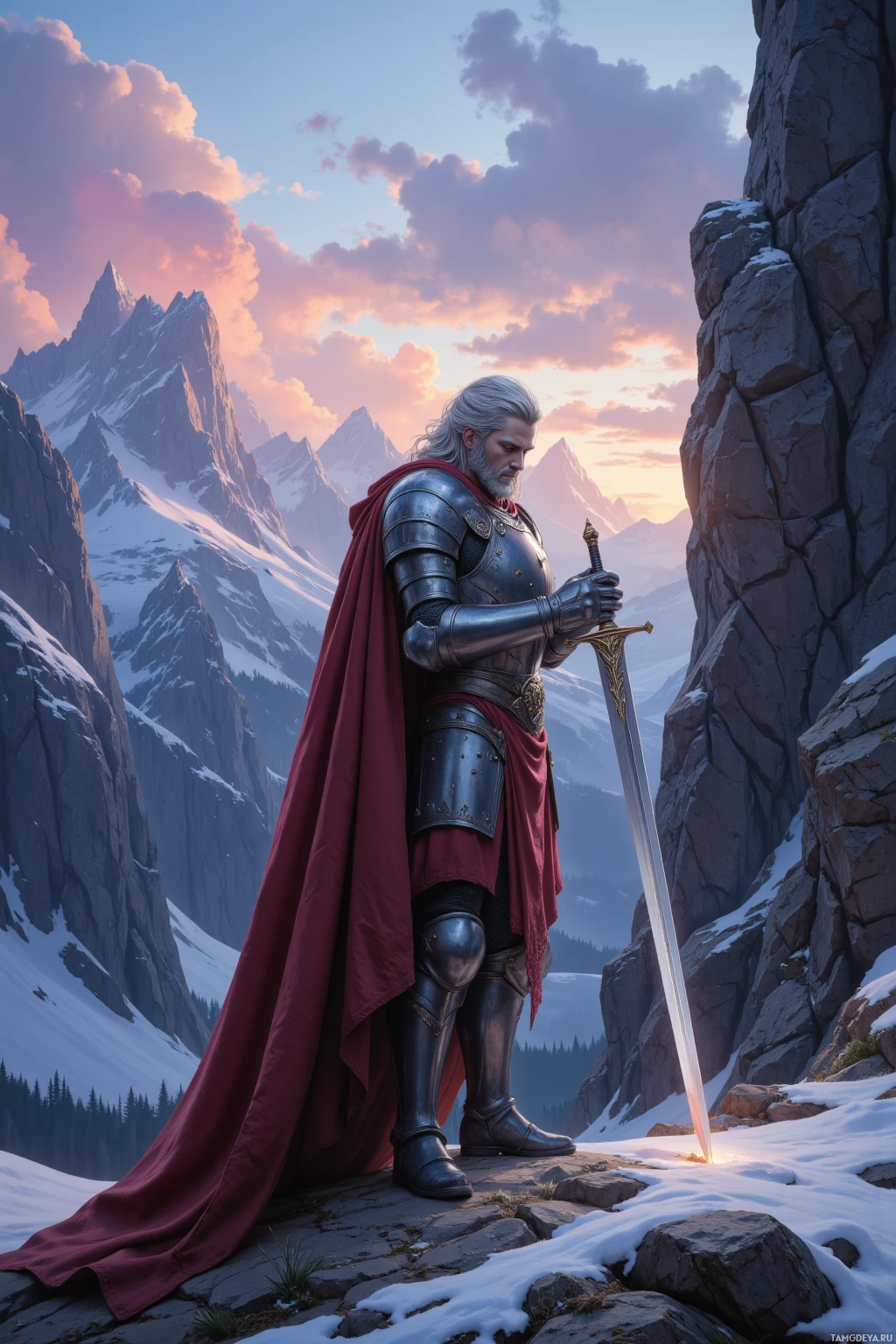 Realistic high quality photo. Tall silver-haired male knight polishing an ancient steel sword on a craggy northern pass at dusk, polished armor with silver trim, flowing red cape, fixed gaze toward distant horizon, surrounded by rugged cliffs and twilight sky.