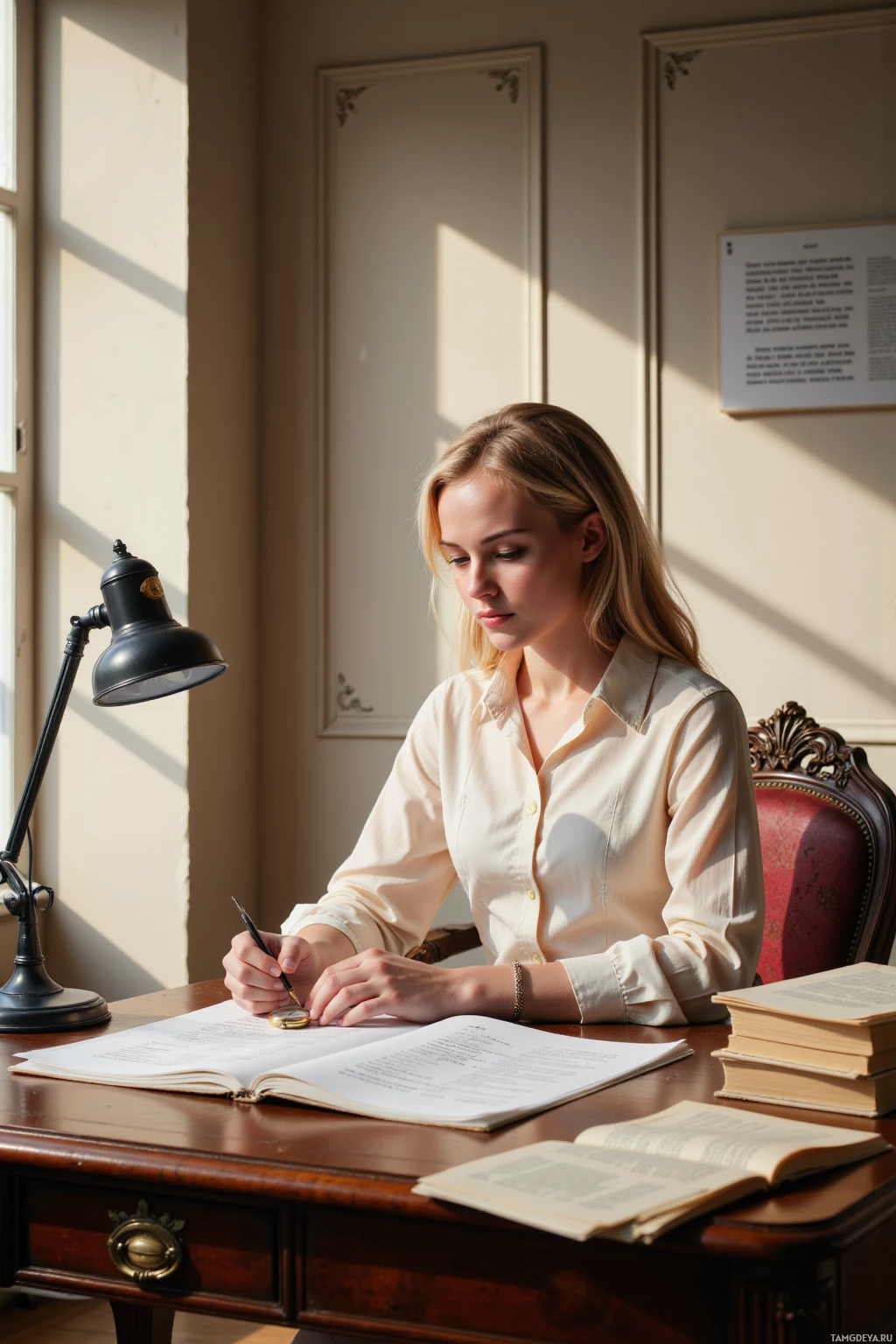 Женщина сидит за столом и пишет в блокноте, рядом лампа и книги.