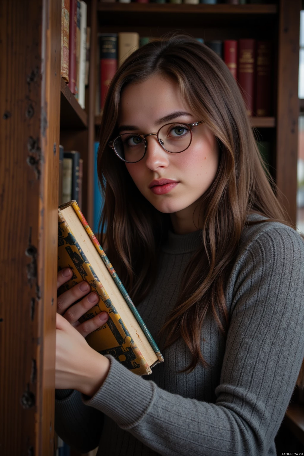 Молодая женщина в очках держит книгу на фоне книжного шкафа.
