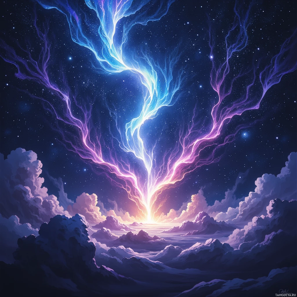 Яркий космический пейзаж с завихряющимися туманностями и звездным небом.