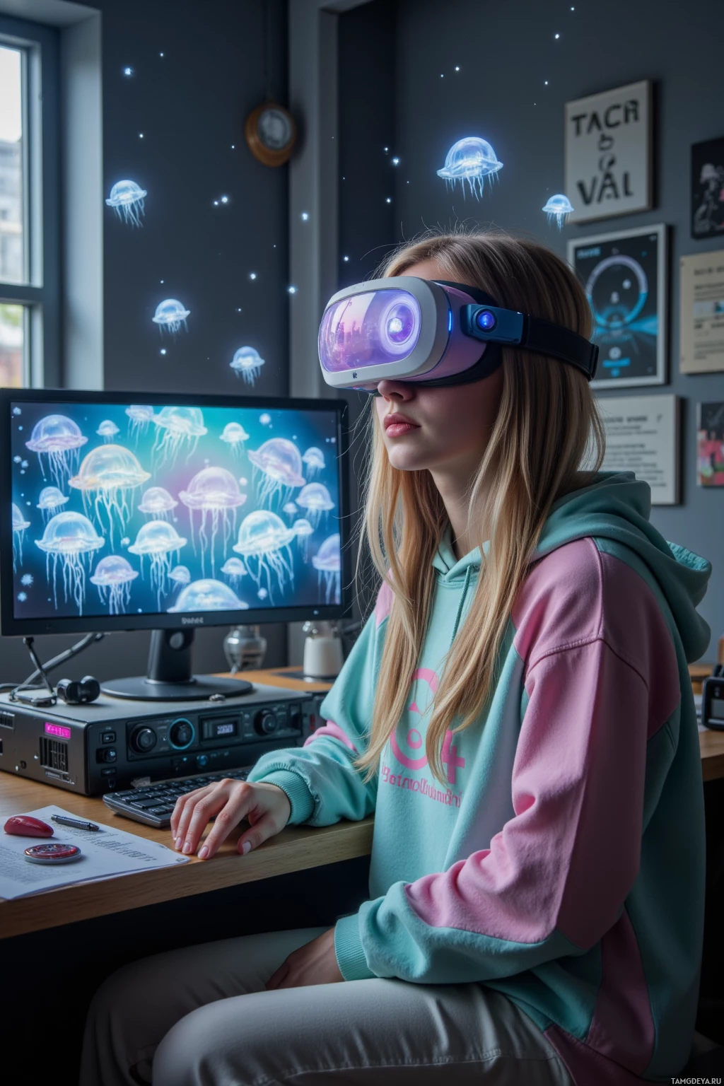 Человек в VR-шлеме сидит за столом, на мониторе компьютера отображаются медузы.