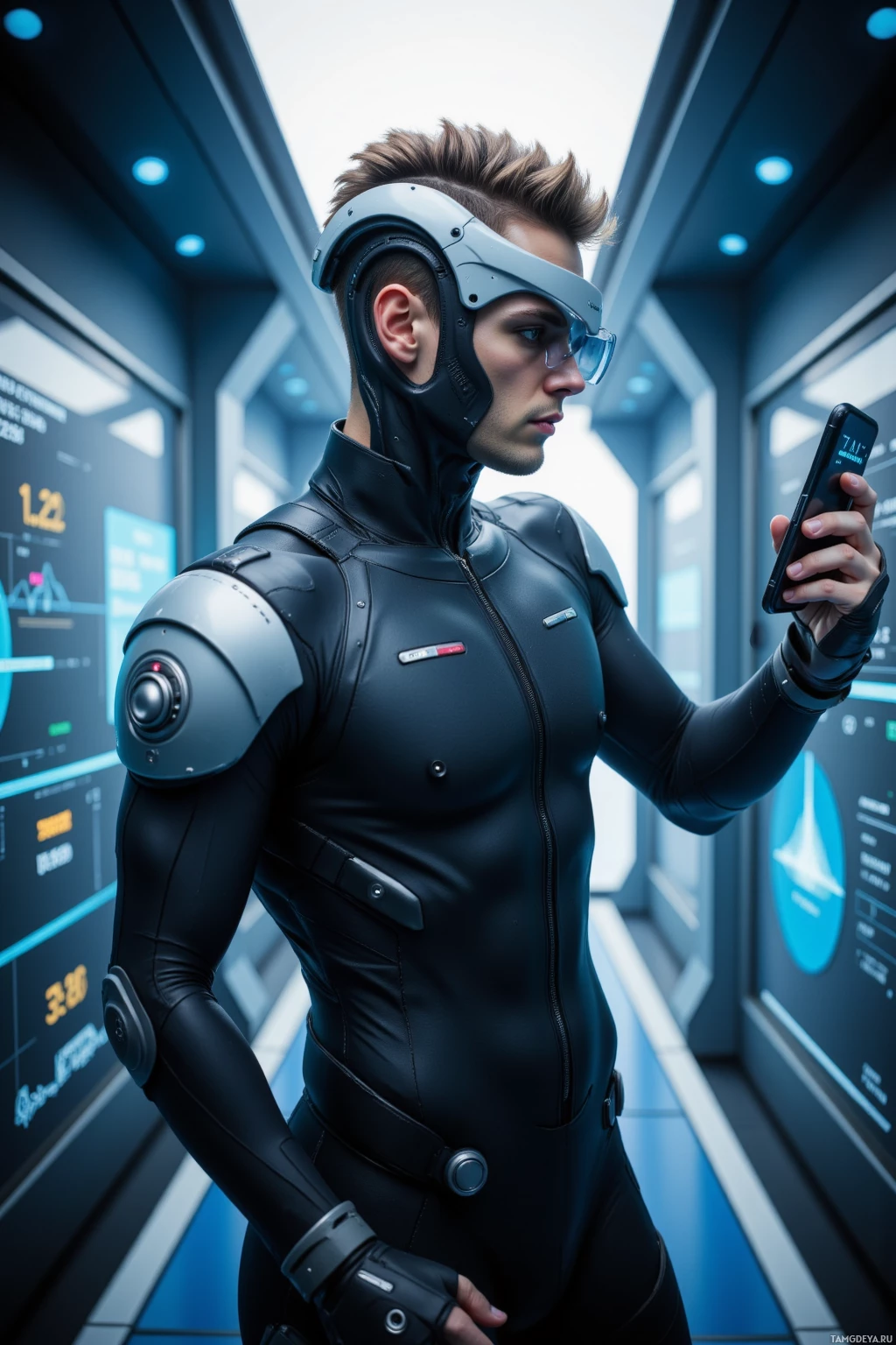 Человек в футуристическом костюме и шлеме держит смартфон в высокотехнологичной обстановке.