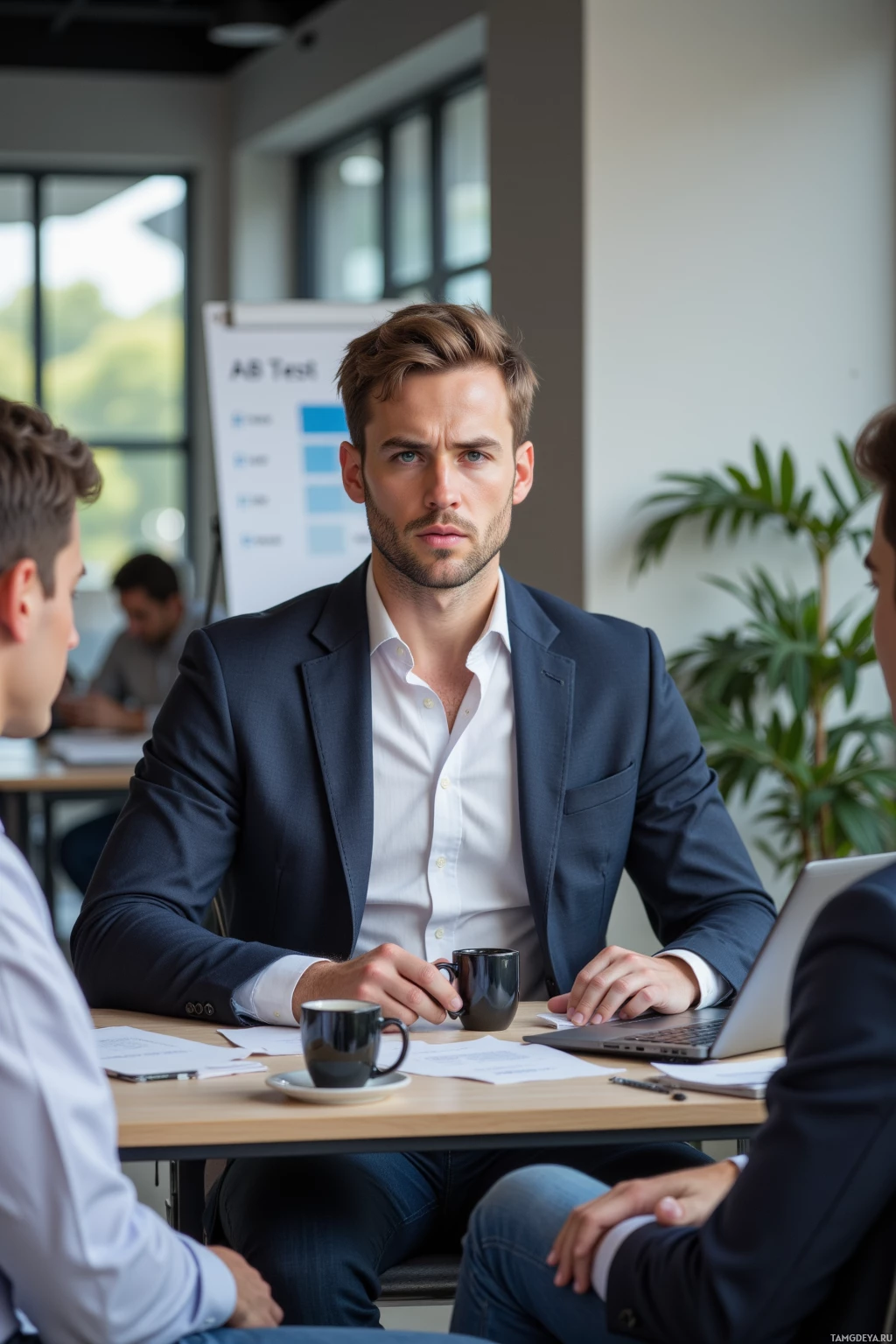 Мужчина в костюме сидит за столом на совещании и держит в руках кофейную кружку.