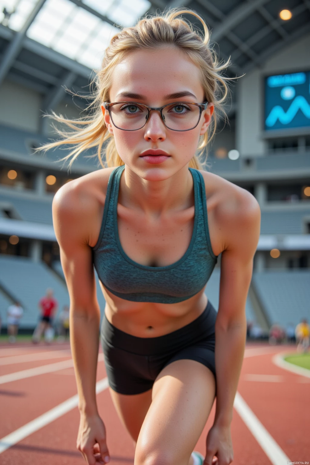 Спортсменка на стартовой линии стадиона.