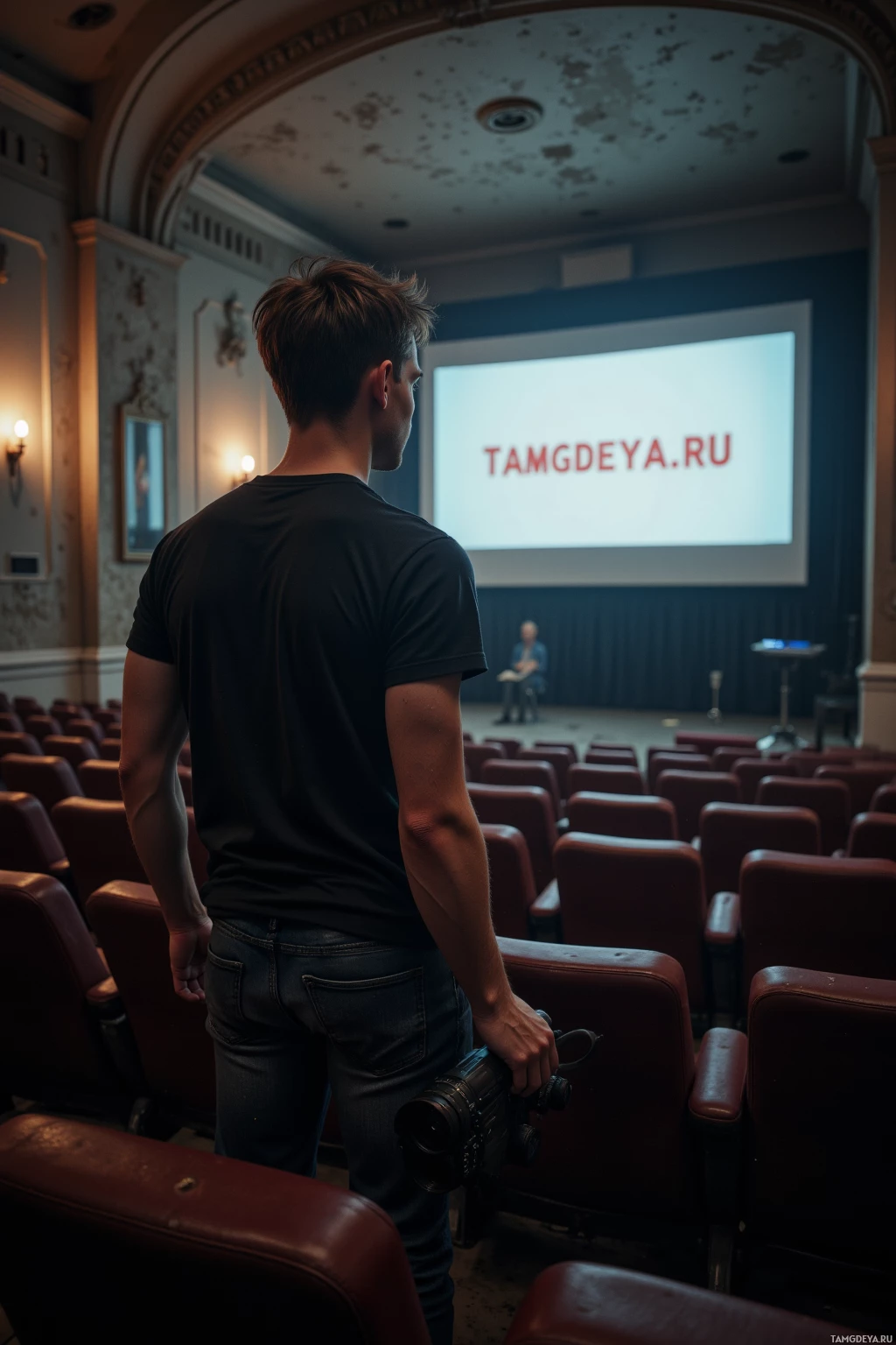 Мужчина стоит в пустом театре, держа в руках камеру и глядя на экран, где отображён сайт tamgdeya.ru.