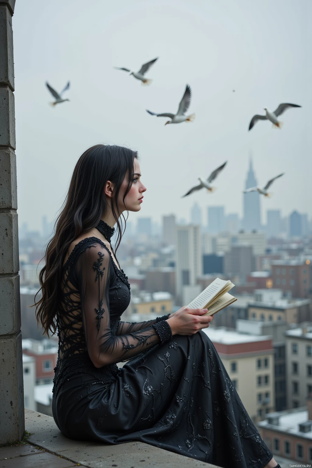 Женщина в черном платье сидит на карнизе, читая книгу, на заднем плане — парящие птицы и городской пейзаж.