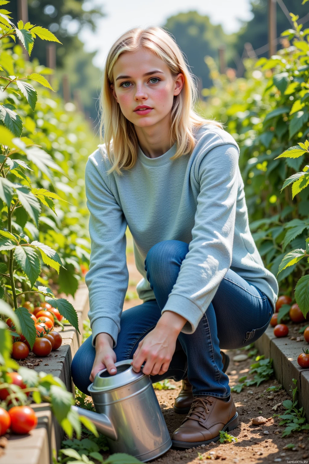 В саду, среди томатных кустов, присел человек с лейкой.