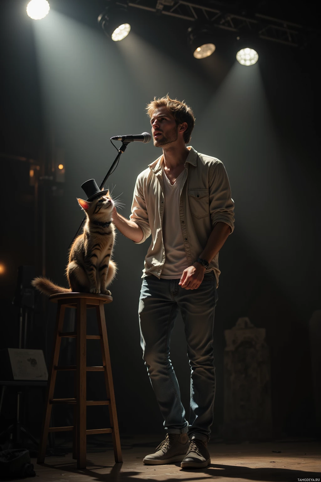 На сцене стоит мужчина с котом в цилиндре, оба освещены софитами.