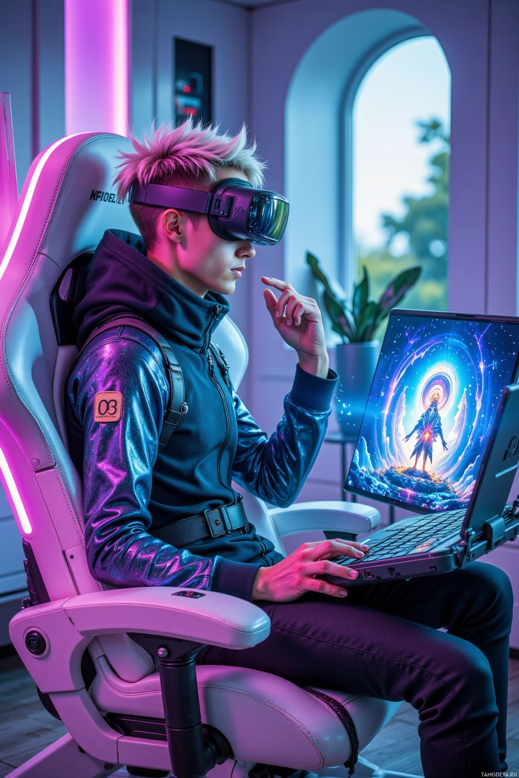 Человек в VR-шлеме и футуристической одежде сидит в игровом кресле и взаимодействует с ноутбуком, на экране которого отображается яркая, космическая сцена.