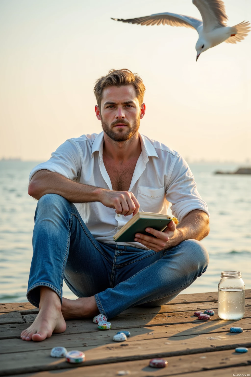Мужчина сидит на пирсе у воды и читает книгу, над ним пролетает чайка.