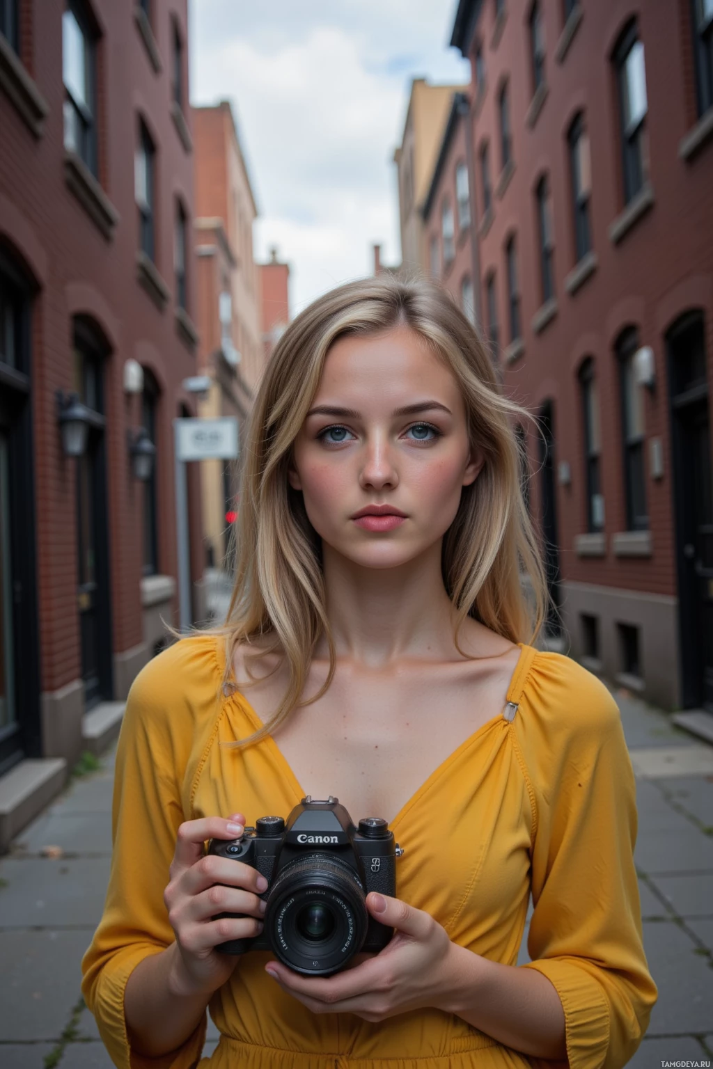 Человек в жёлтой кофте держит фотоаппарат Canon в переулке между кирпичными зданиями.