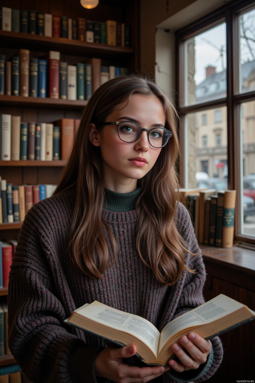 Молодая женщина в очках и свитере держит открытую книгу в библиотеке.