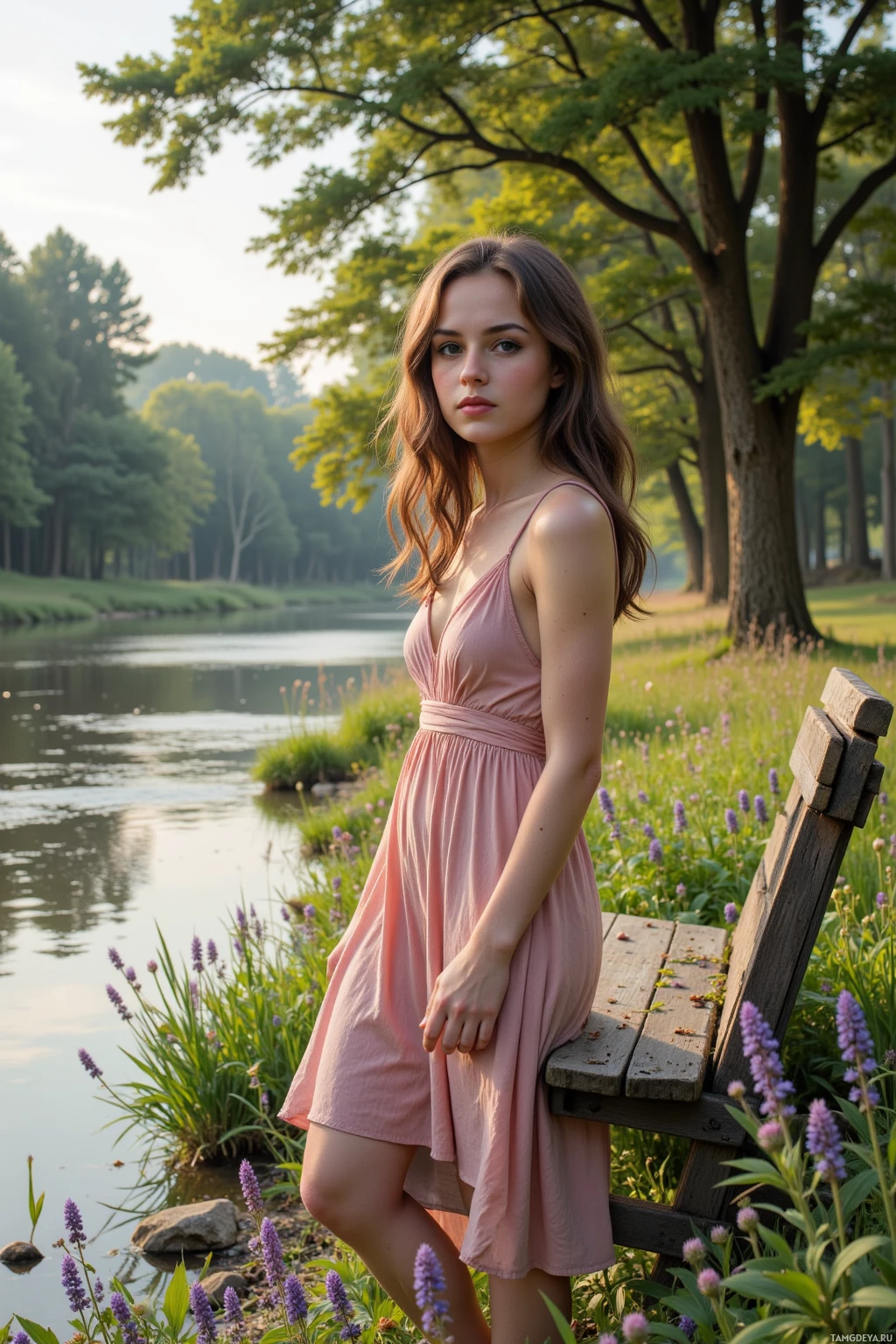 На фотография женщина в розовом платье сидит на деревянной скамейке у спокойного озера, окружённого буйной зеленью и цветущими цветами.