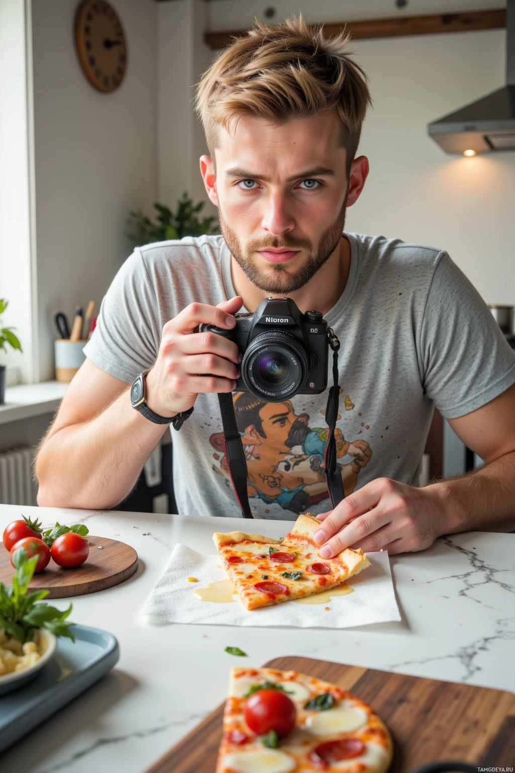 Человек держит фотоаппарат и ест пиццу на кухне.