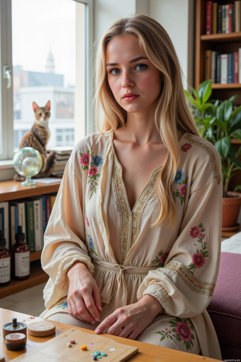 Женщина в цветочном платье сидит за столом, на заднем плане — кошка.