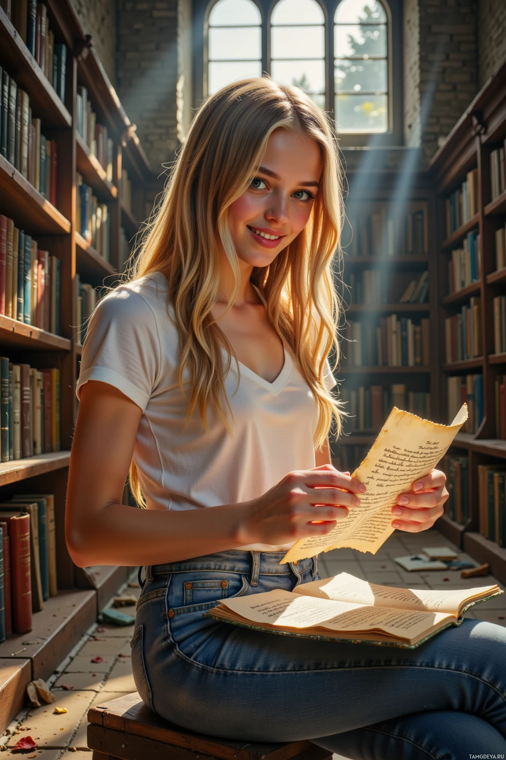 Молодая женщина сидит в библиотеке, держа в руках открытую книгу и улыбаясь.