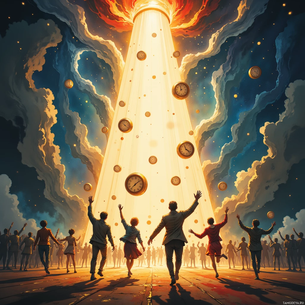 Группа людей поднимает руки, пока золотые часы поднимаются вверх в сияющем луче света на фоне космического неба.