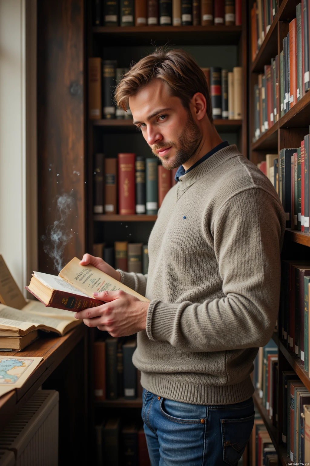 Мужчина в свитере стоит в библиотеке, держа в руках раскрытую книгу.