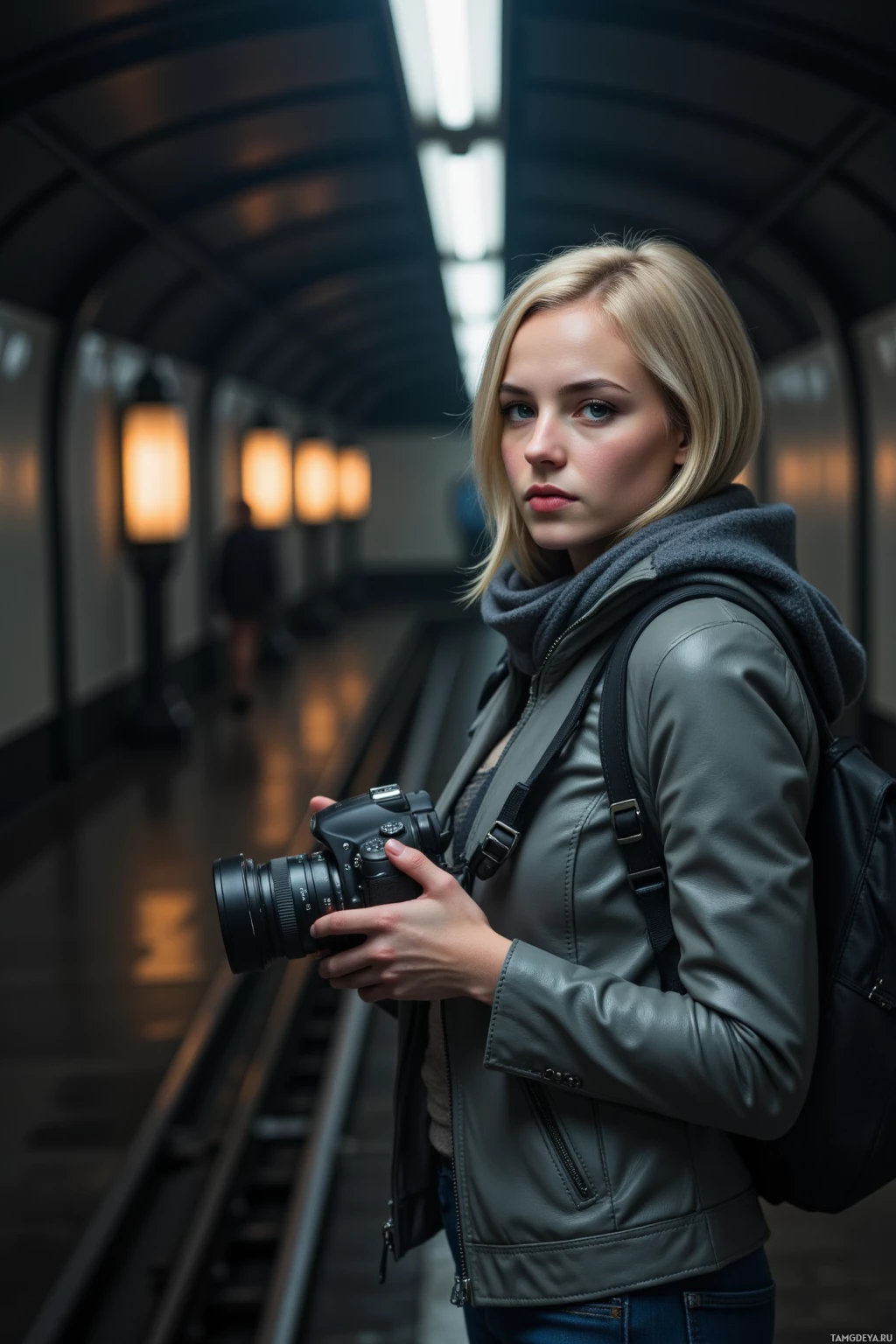 В метро стоит женщина с фотоаппаратом.