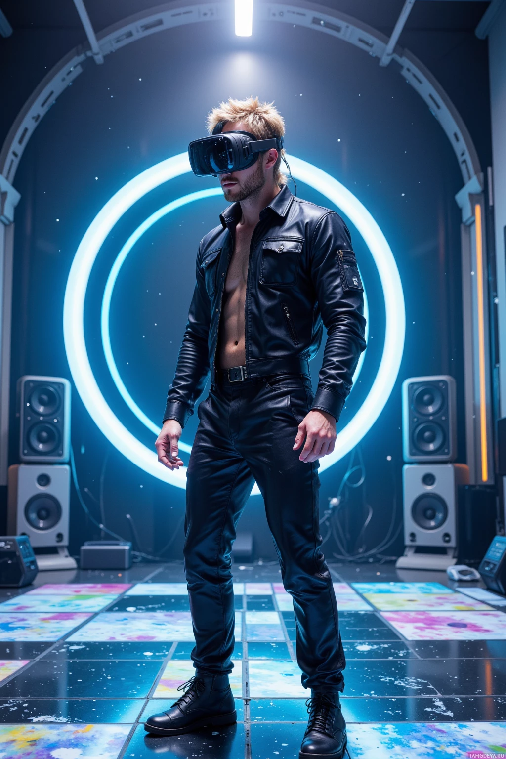 Человек в кожаной куртке и VR-шлеме стоит на фоне футуристичного, подсвеченного пространства.