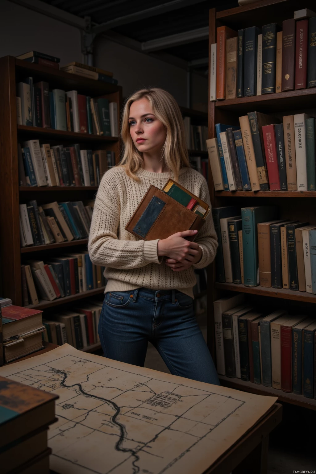 Человек стоит в библиотеке, держа в руках книги, на столе перед ним лежит карта.