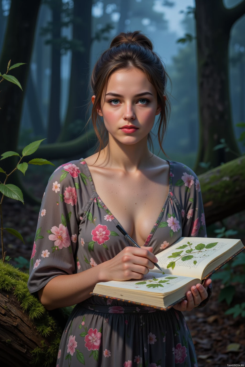 Женщина в цветочном платье держит книгу и ручку на фоне леса.
