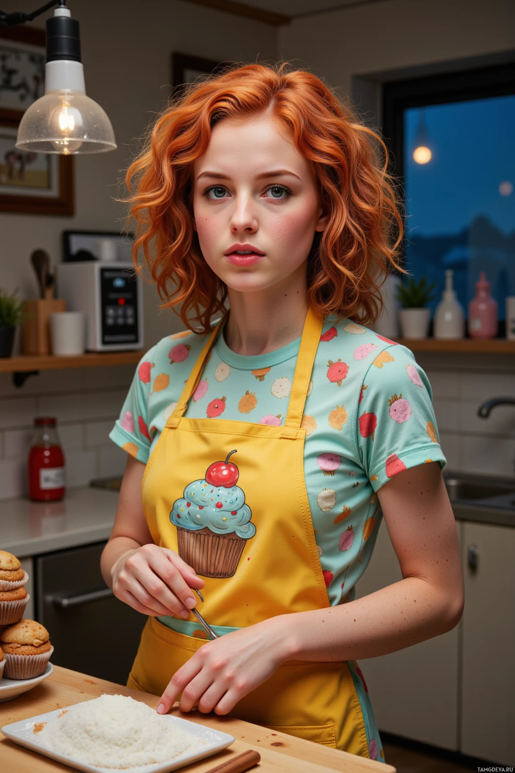 Человек в красочном фартуке с изображением кекса стоит на кухне.
