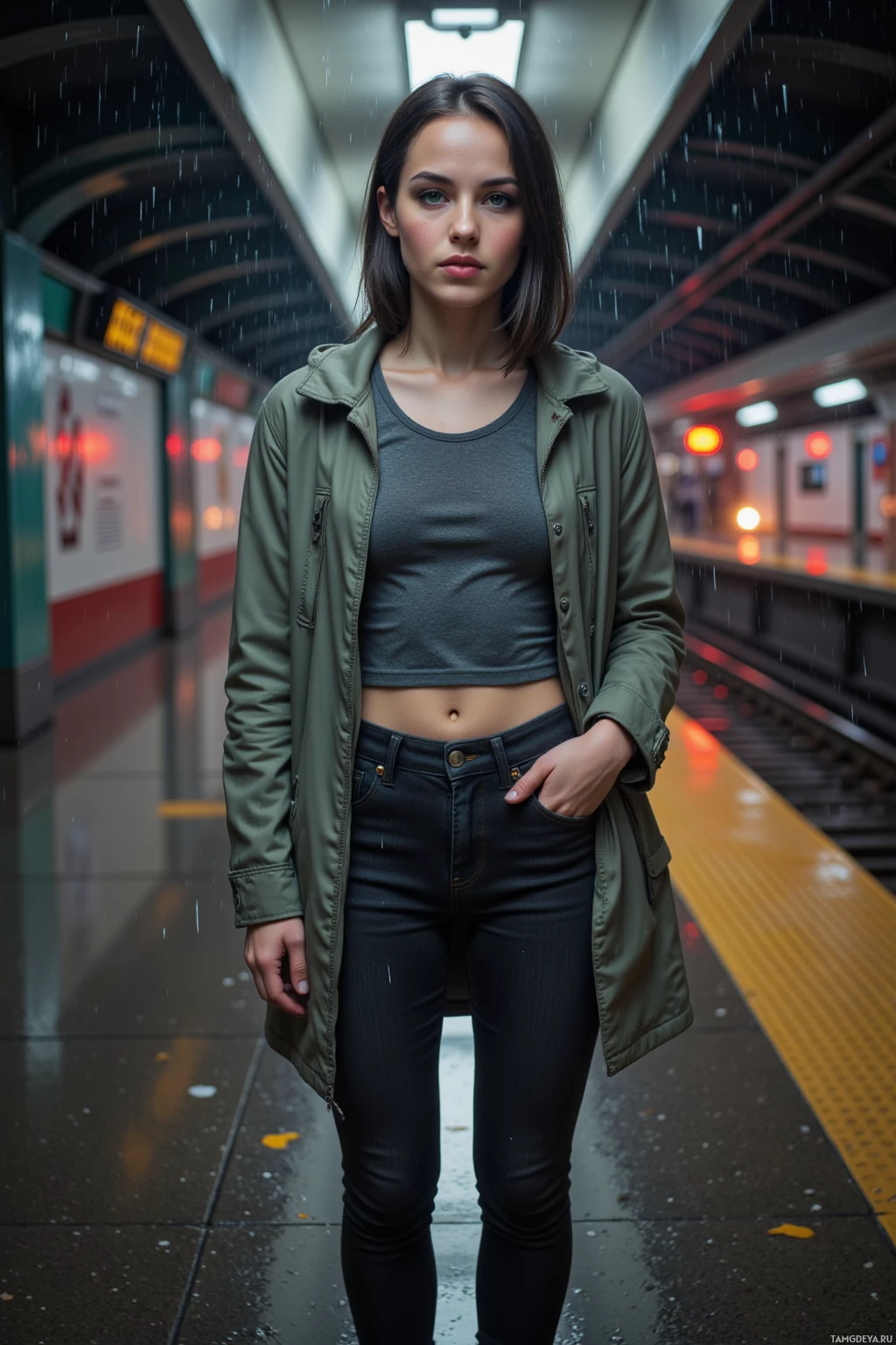 Человек стоит на платформе метро под дождём, одетый в зелёную куртку и темные брюки.
