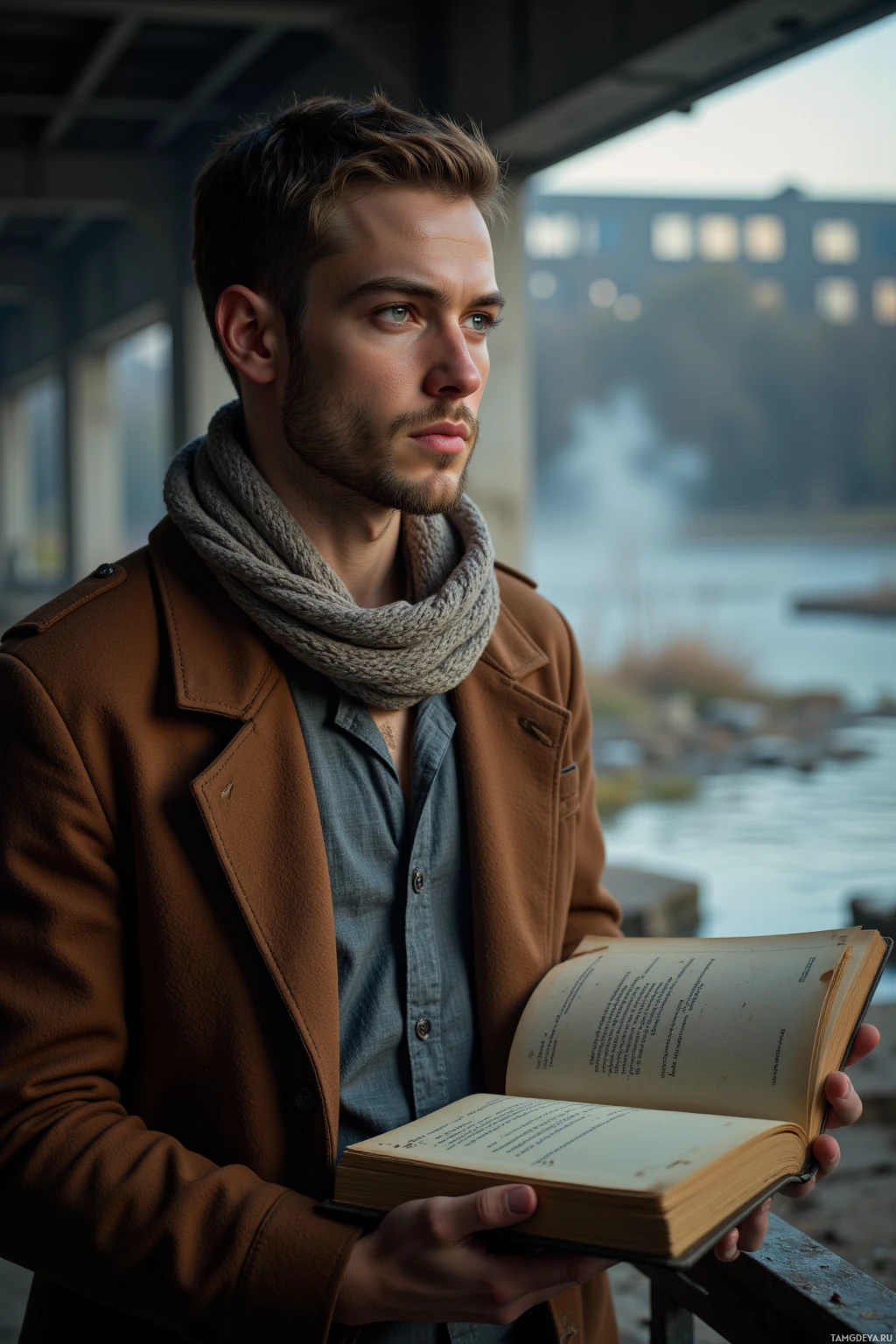 Мужчина в коричневом пальто и шарфе держит раскрытую книгу, задумчиво глядя вдаль.