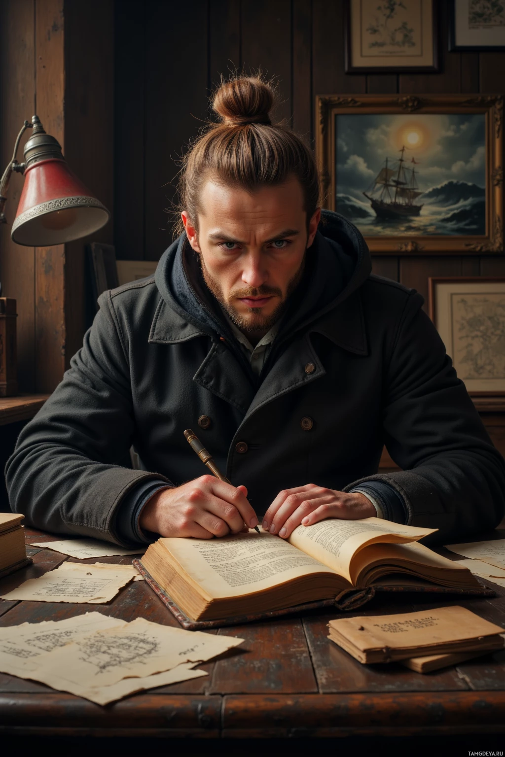 Мужчина в темном пальто сидит за столом и пишет гусиным пером в книге.
