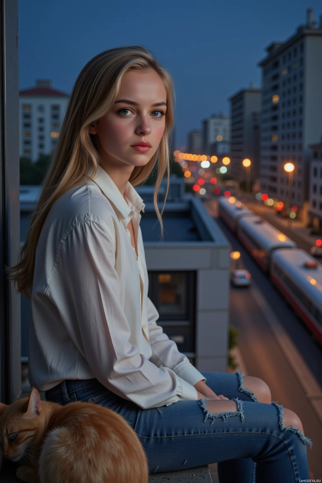 Молодая женщина сидит на балконе, любуясь закатом над городом.