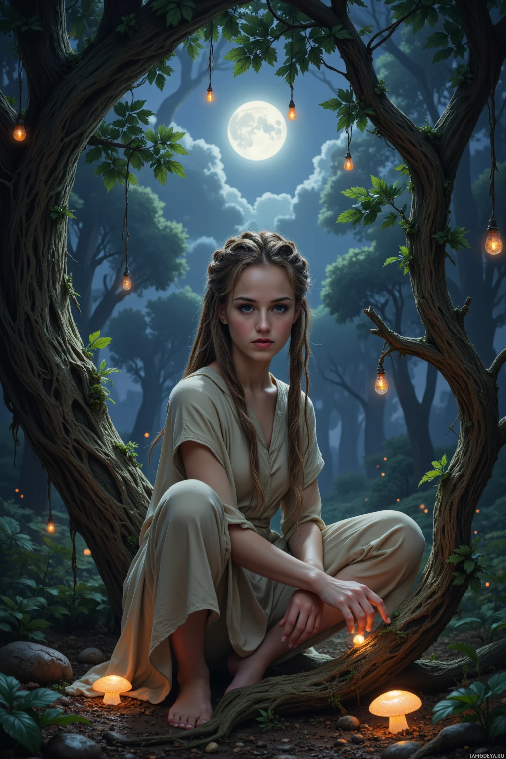 Женщина в лесу присела под деревом, с которого свисают светящиеся огни.