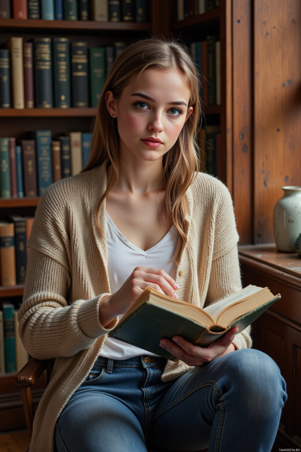Молодая женщина сидит в кресле и читает книгу в уютной библиотеке.