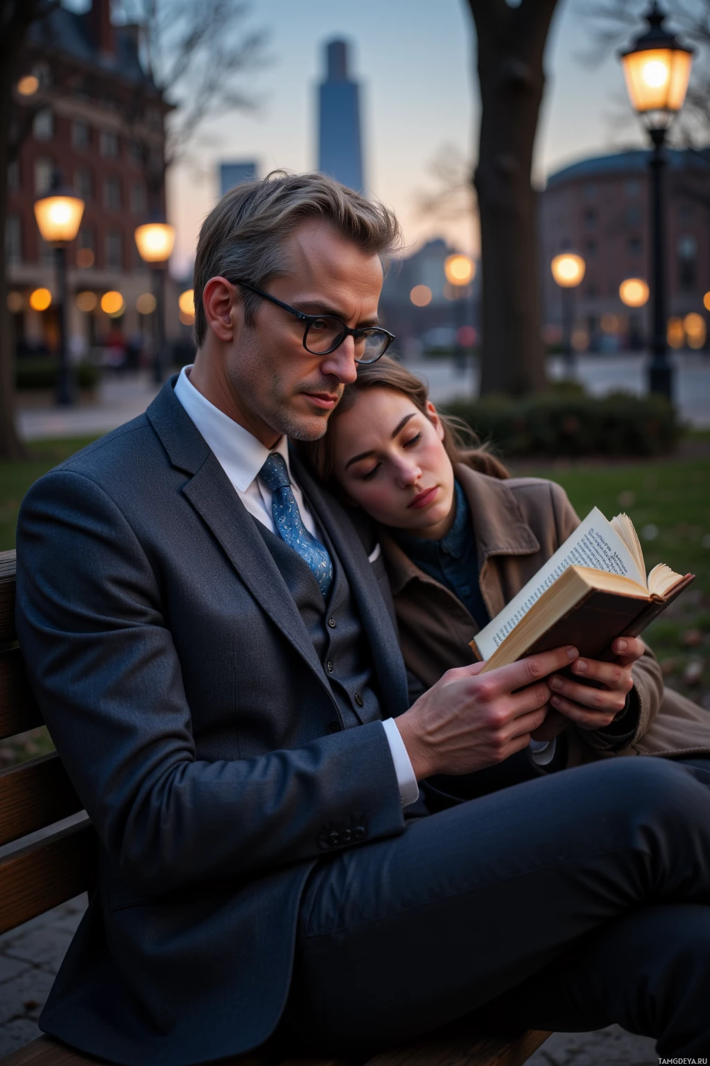 Мужчина и женщина сидят на скамейке: он читает книгу, а она положила голову ему на плечо.