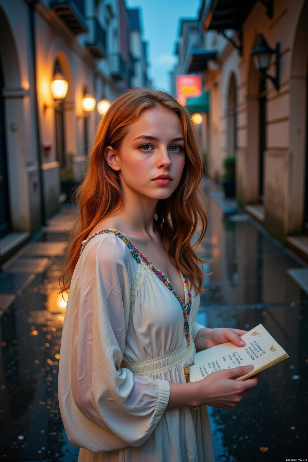 Женщина в белом платье стоит на мокрой улице на закате, держа в руках книгу.