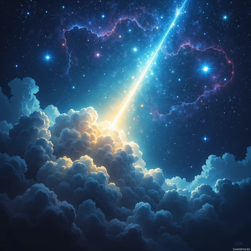 Яркое ночное небо, усыпанное облаками, звёздами и озаренное яркой полосой света.