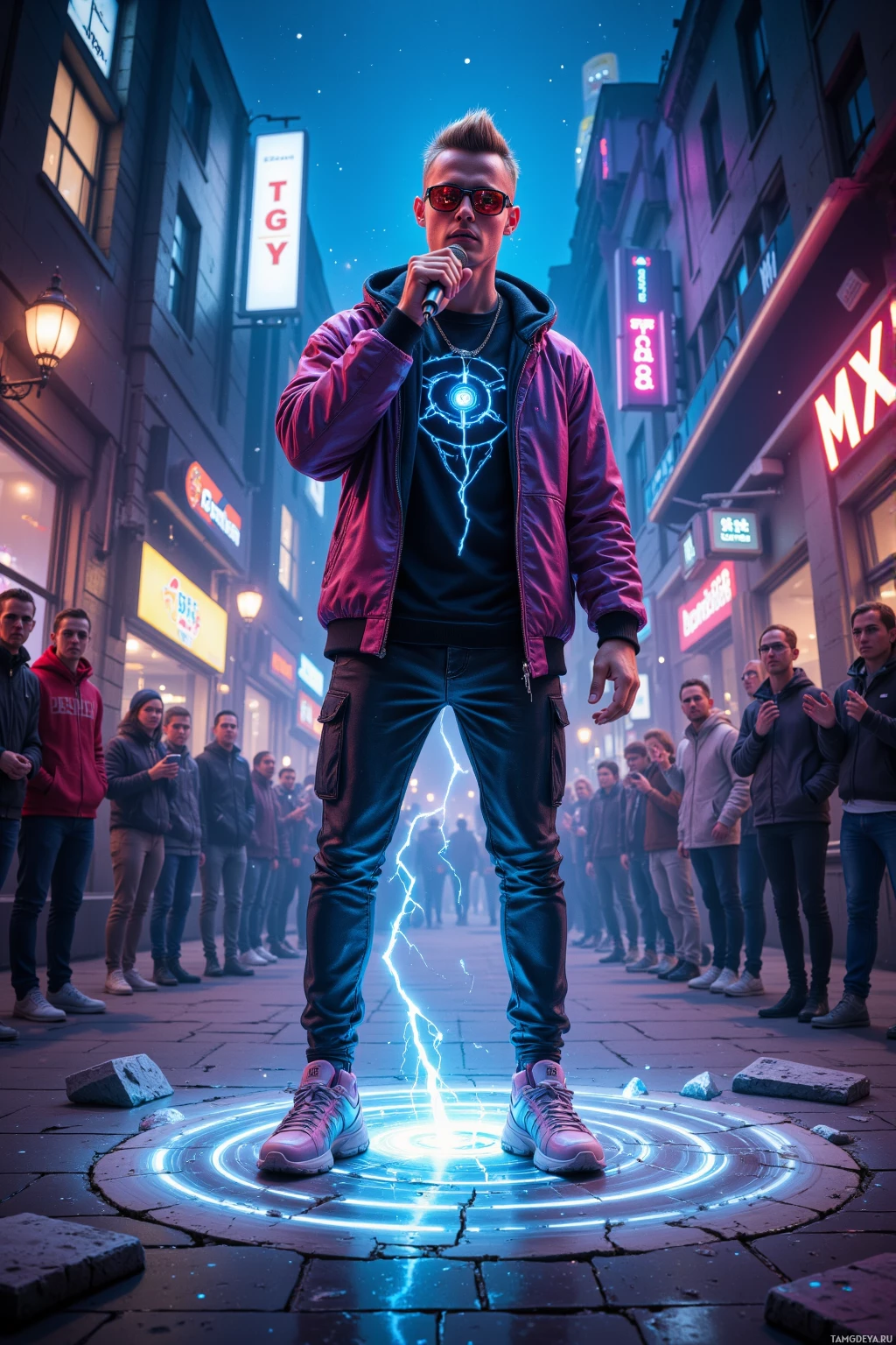 Человек стоит на светящейся платформе на городской улице, в толпе, одетый в куртку и солнцезащитные очки.
