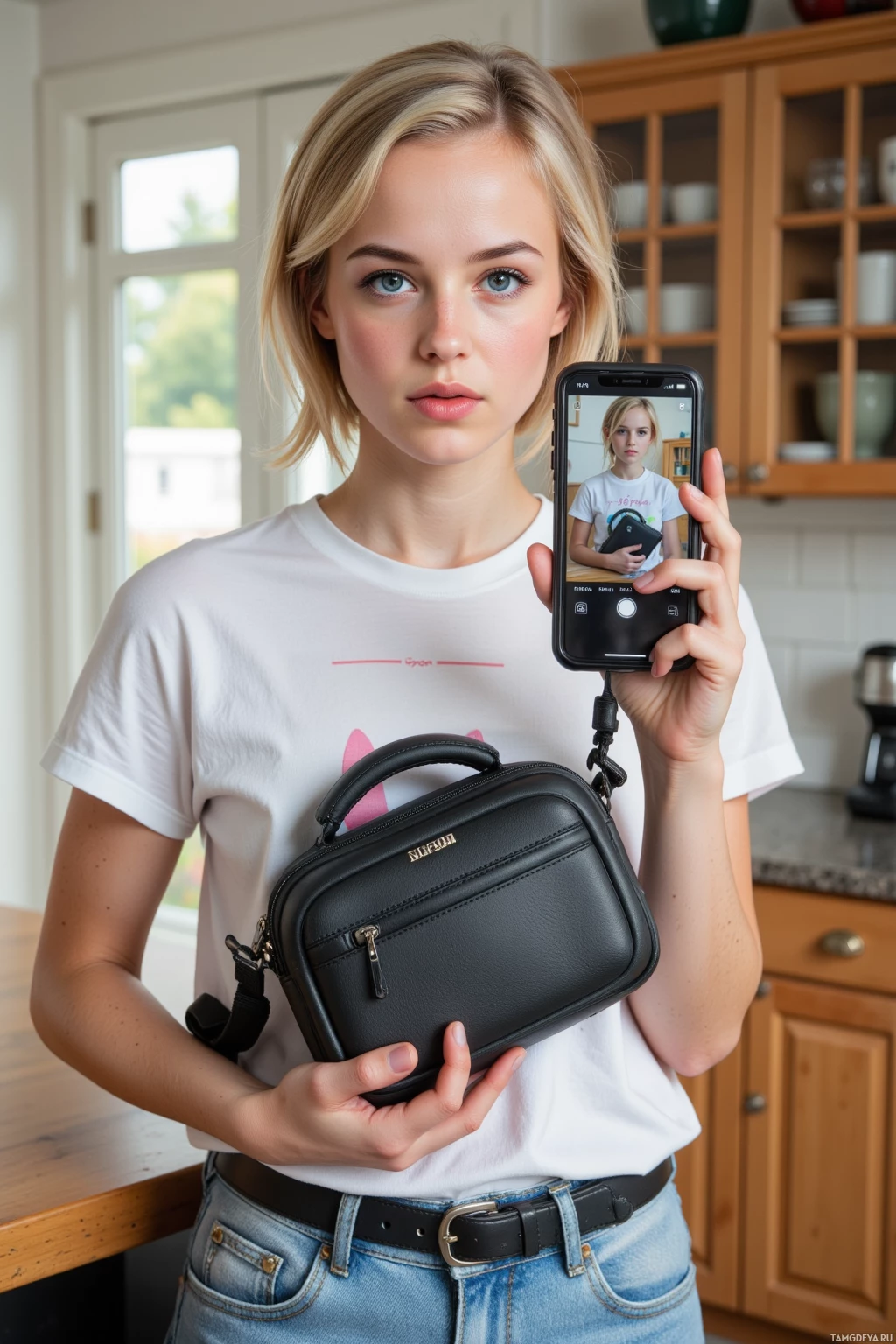 Человек держит смартфон, на экране которого фотография с ним, держащим чёрную сумку для фотоаппарата, на фоне кухни.