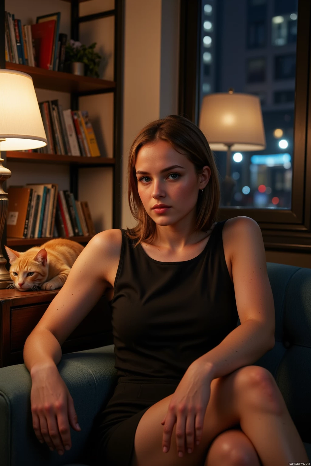 В полумраке комнаты женщина сидит на диване, рядом с ней отдыхает кошка.