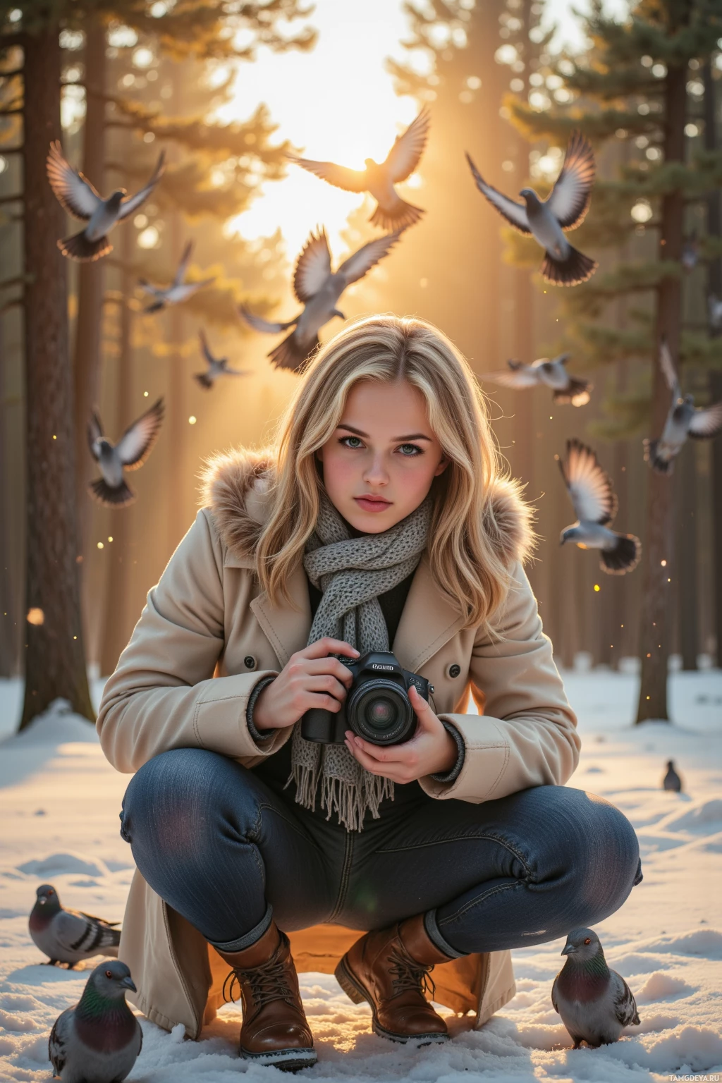 В заснеженном лесу присел человек с фотоаппаратом, вокруг кружат голуби.