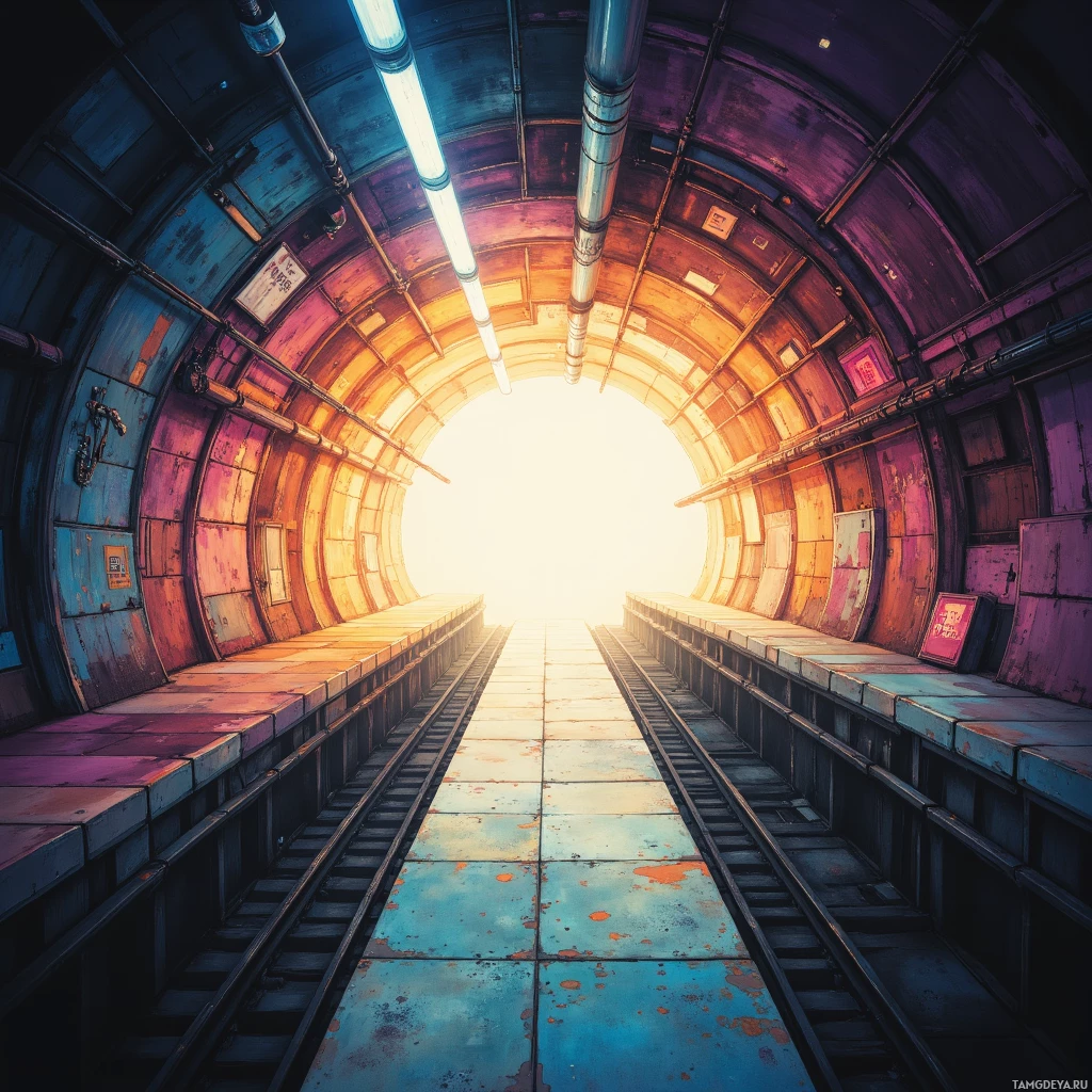 Футуристический туннель, освещенный светящимися огнями, с ярким светом в конце.