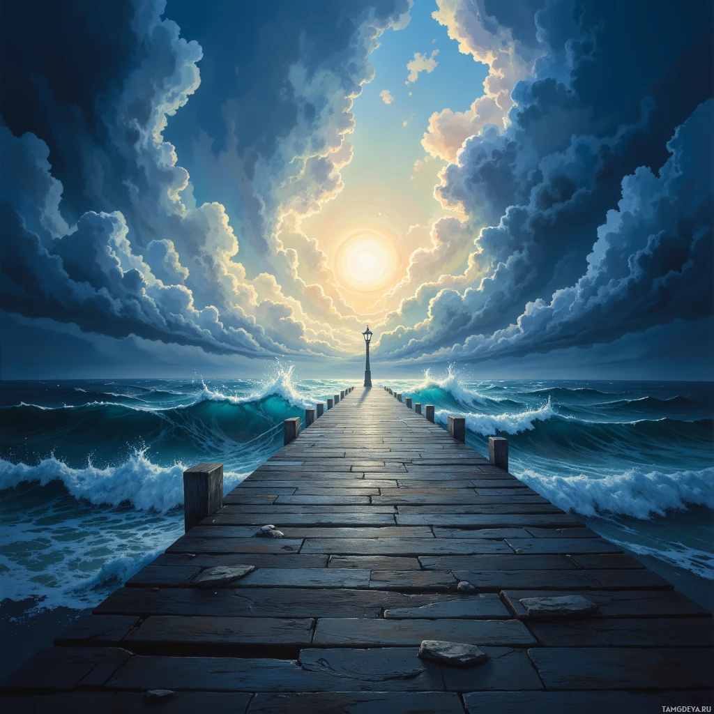 Спокойный пирс уходит вдаль в океан под драматичным небом, залитым облаками и солнцем.