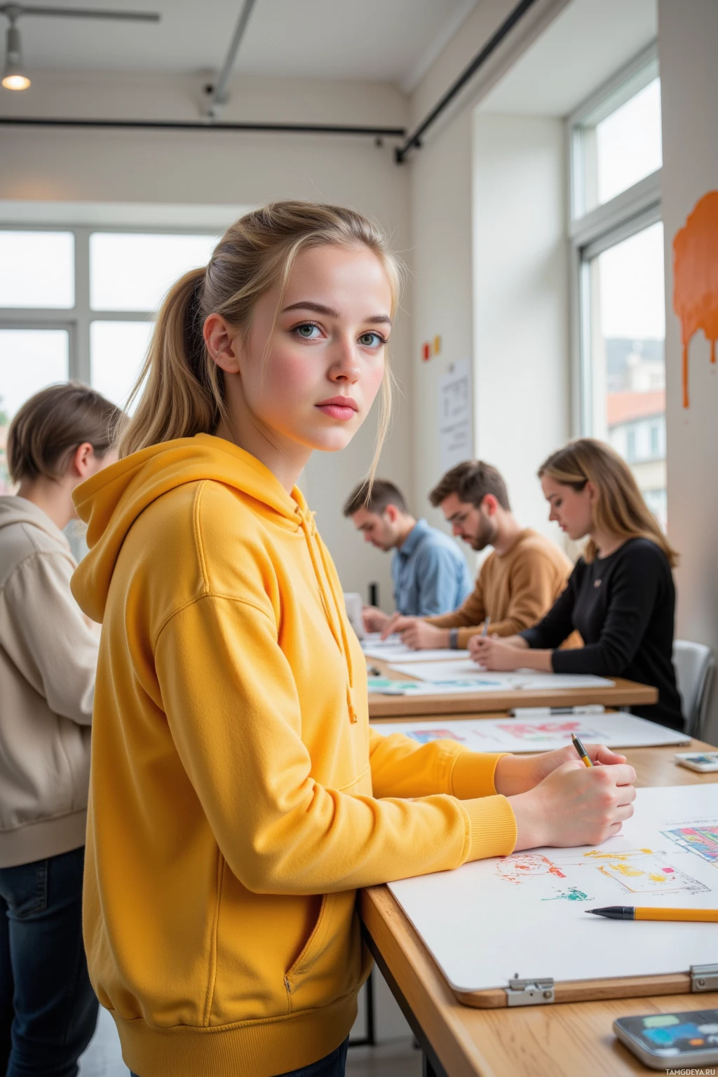 Ученики увлечённо занимаются в классе, сосредоточившись на своей работе за партами.