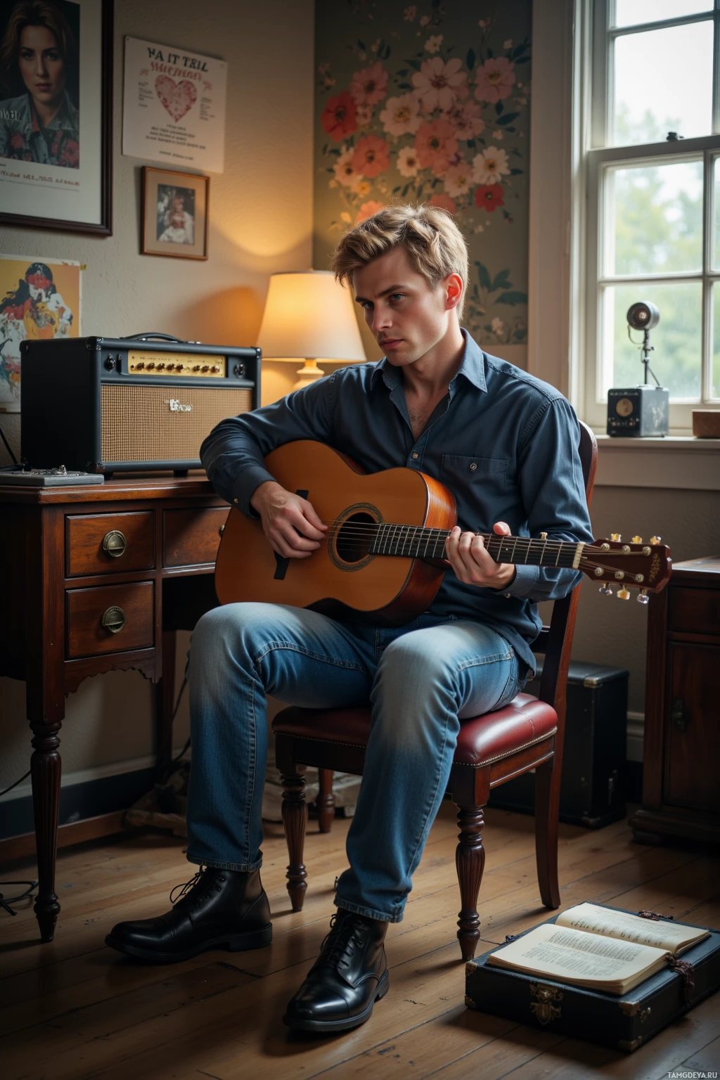 Человек сидит в кресле и играет на акустической гитаре в уютной комнате, где горит лампа и на стенах висят рамки с фотографиями.