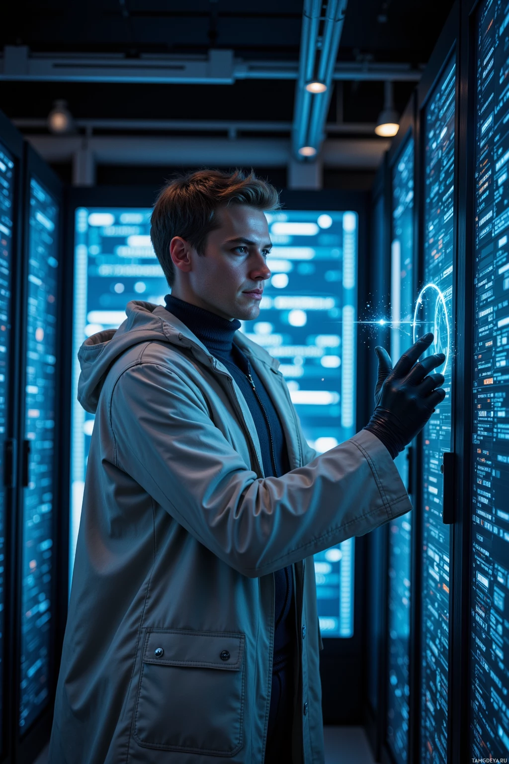 Человек в лабораторном халате и перчатках взаимодействует с высокотехнологичным интерфейсом в футуристической обстановке.