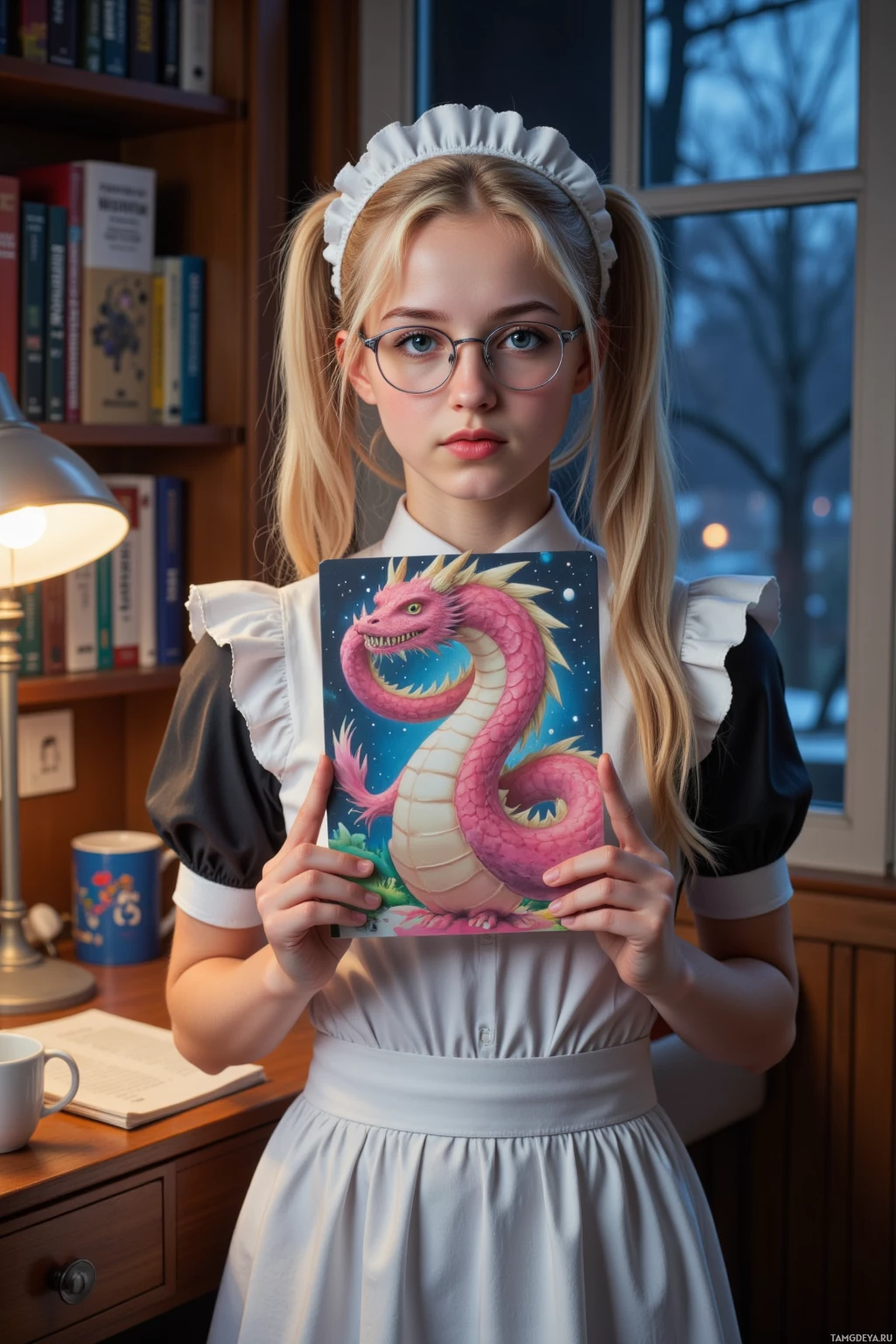 Девочка в белом платье держит книгу с изображением дракона.