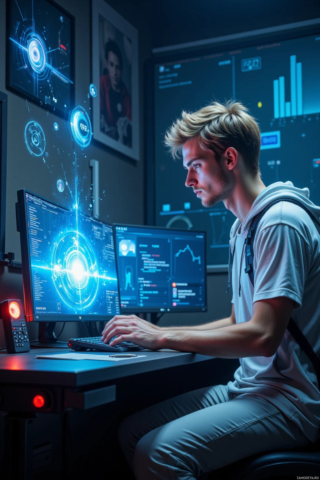 Человек работает за столом, перед которым несколько мониторов с футуристичной графикой и данными.