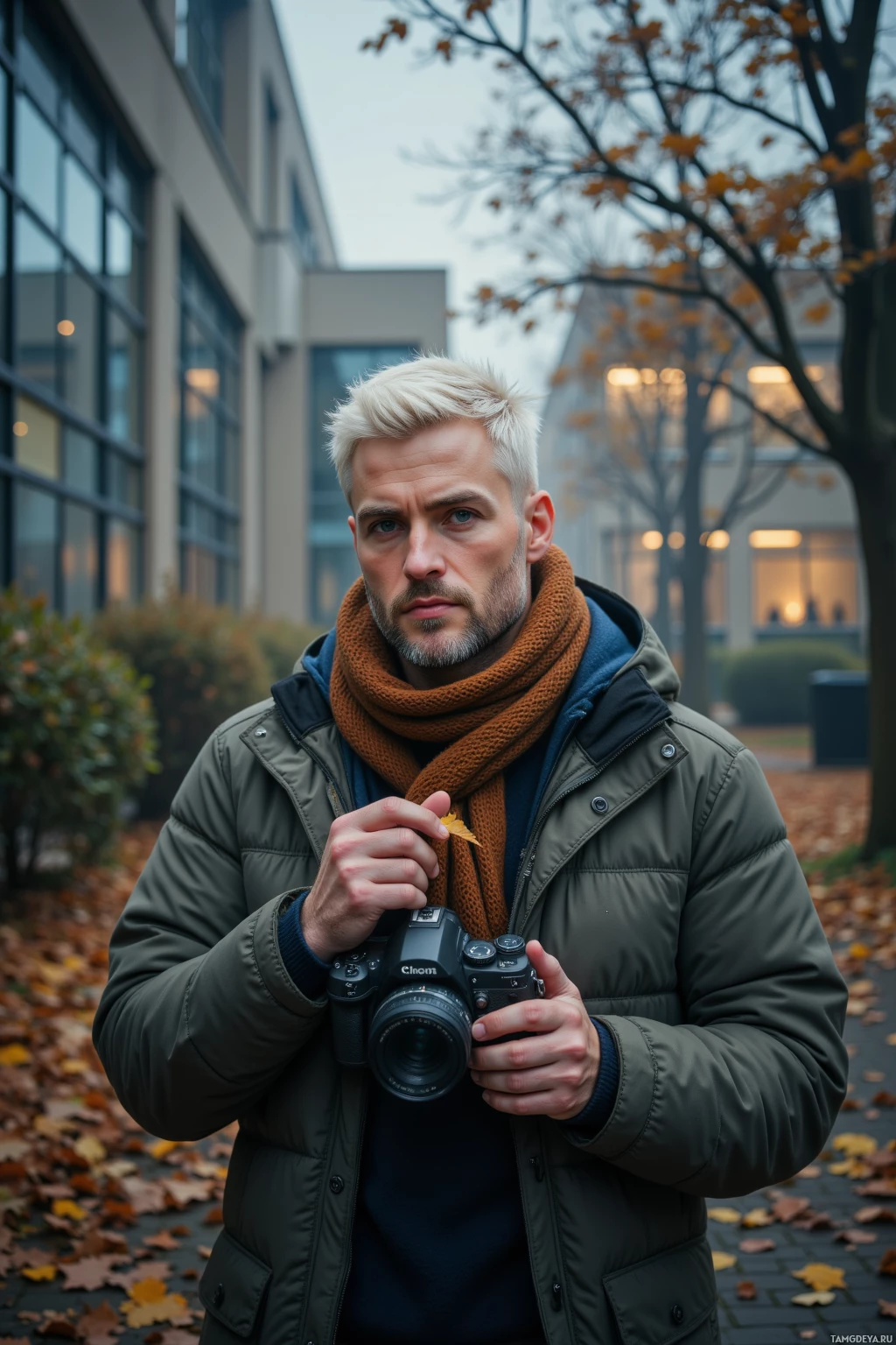 Человек в зеленой куртке и коричневом шарфе держит фотоаппарат, стоя на улице на фоне осенней листвы и здания.