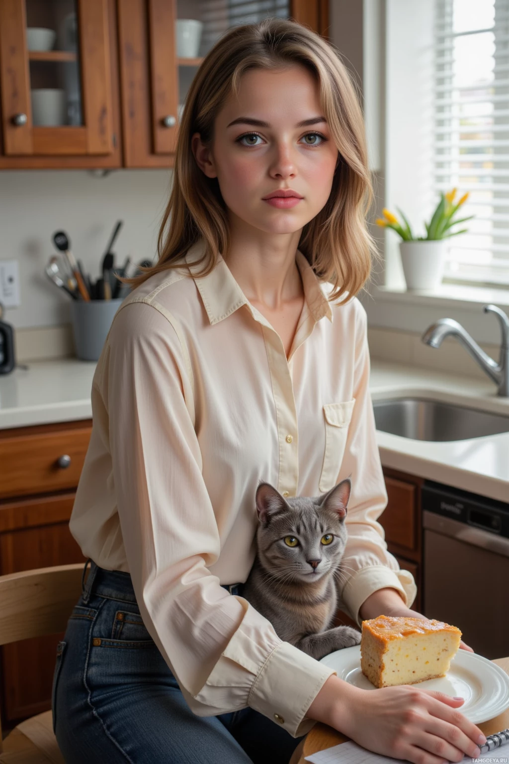 Женщина сидит за столом на кухне, держа на руках кота и держа в руках кусок торта.